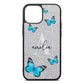 Blue Butterflies with Initial and Name Silver Pebble Leather iPhone 13 Mini Case