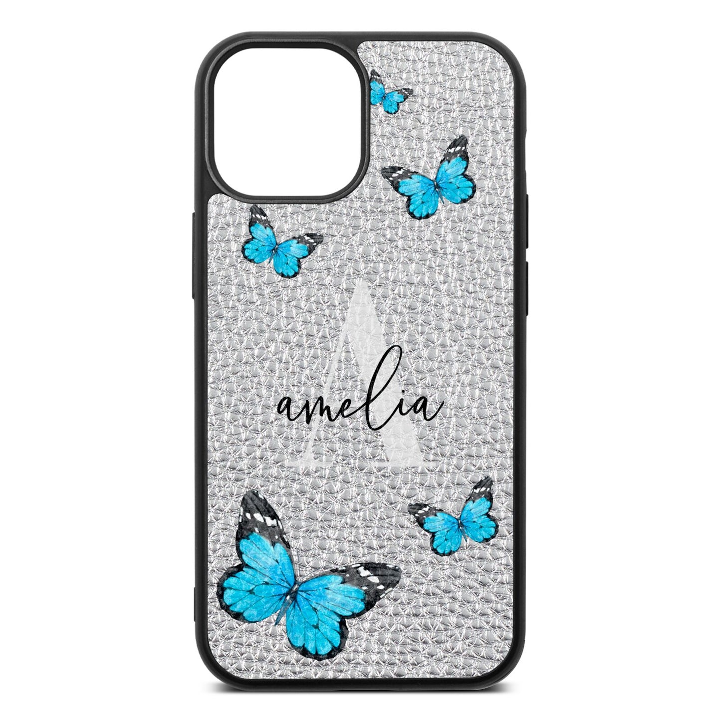 Blue Butterflies with Initial and Name Silver Pebble Leather iPhone 13 Mini Case