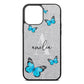 Blue Butterflies with Initial and Name Silver Pebble Leather iPhone 13 Pro Max Case
