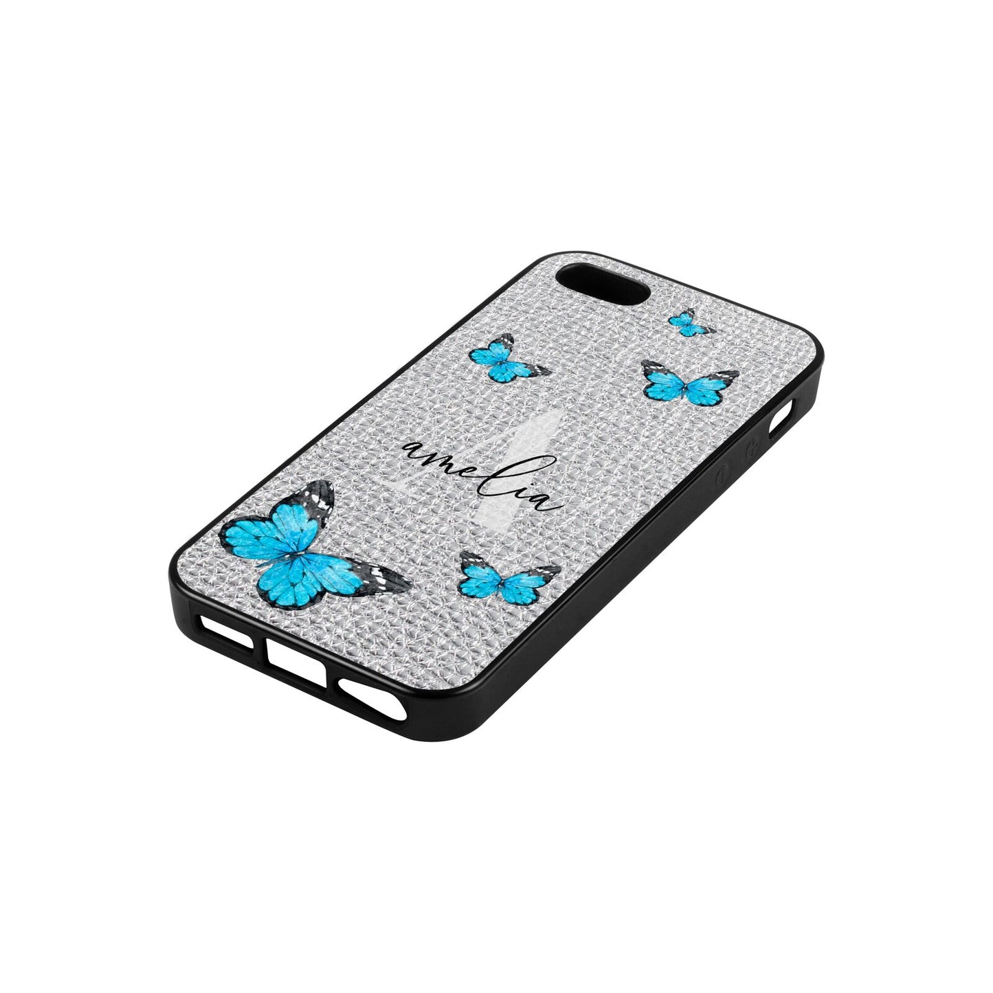 Blue Butterflies with Initial and Name Silver Pebble Leather iPhone 5 Case Side Angle