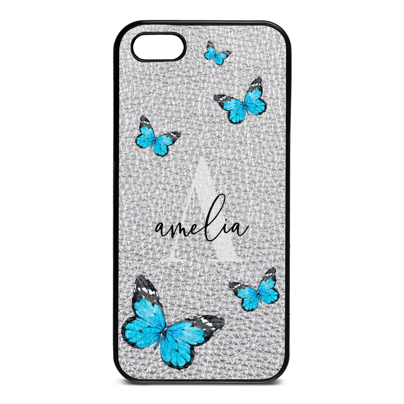 Blue Butterflies with Initial and Name Silver Pebble Leather iPhone 5 Case