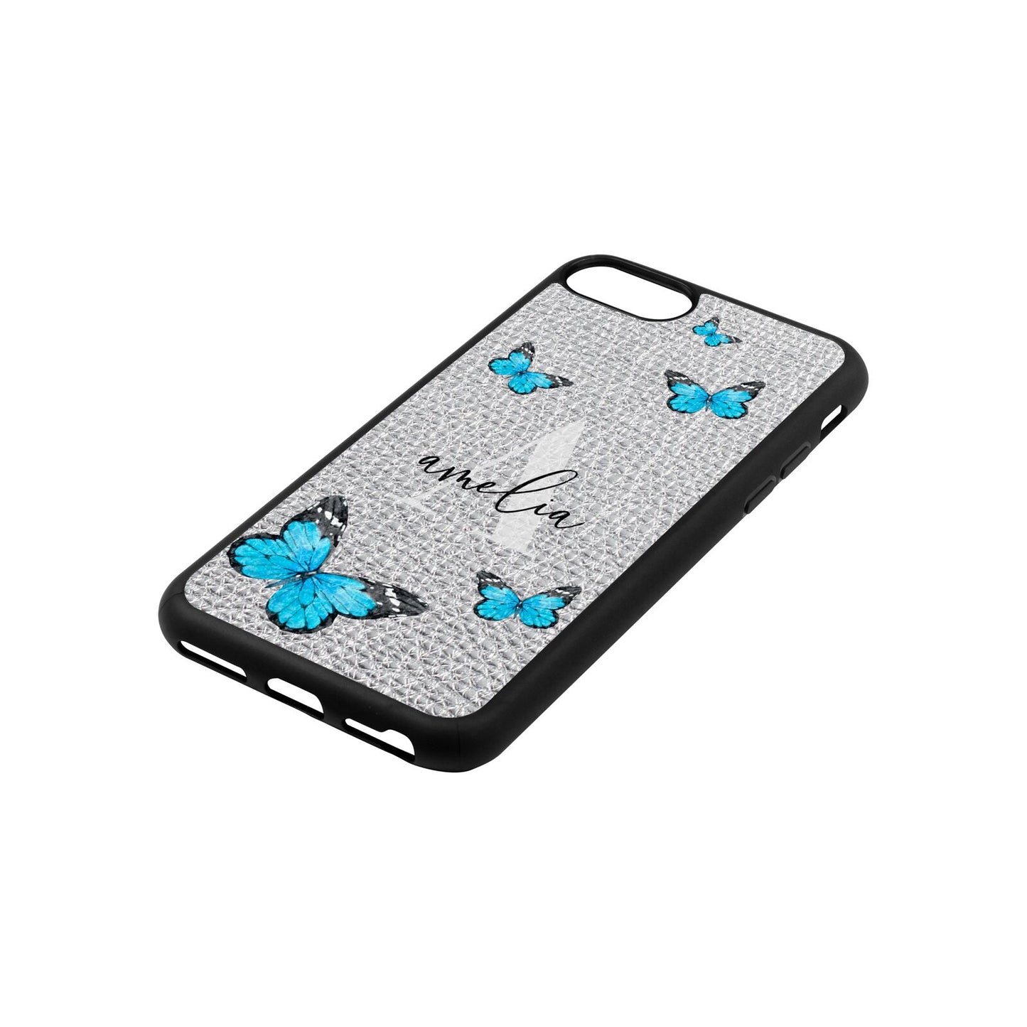 Blue Butterflies with Initial and Name Silver Pebble Leather iPhone 8 Case Side Angle