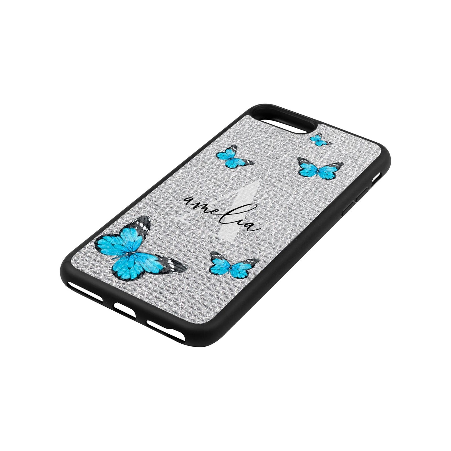 Blue Butterflies with Initial and Name Silver Pebble Leather iPhone 8 Plus Case Side Angle