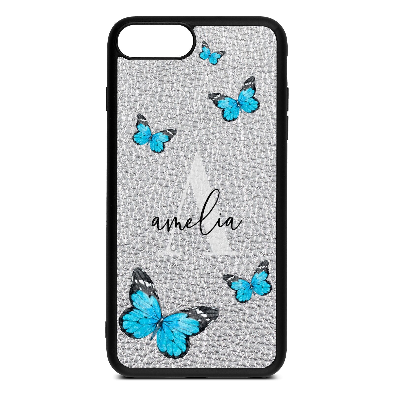 Blue Butterflies with Initial and Name Silver Pebble Leather iPhone 8 Plus Case