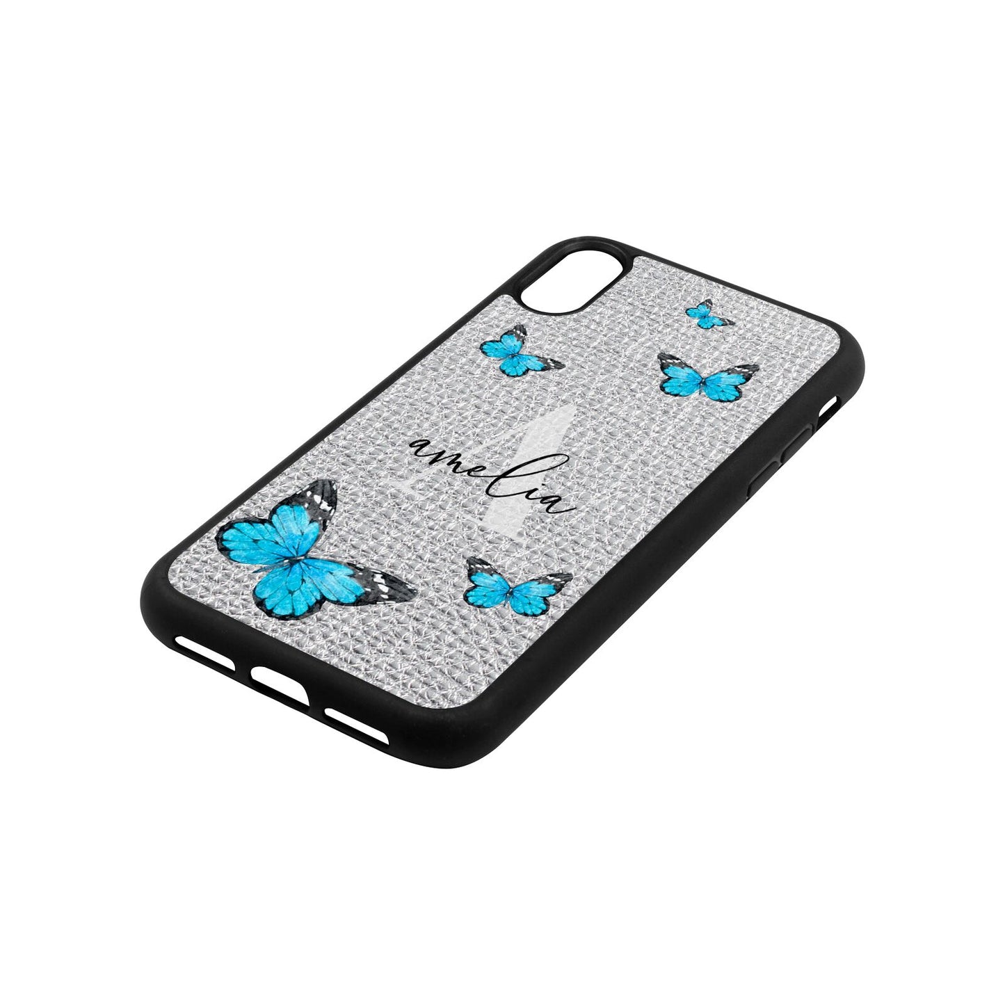 Blue Butterflies with Initial and Name Silver Pebble Leather iPhone Xr Case Side Angle