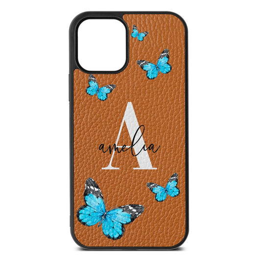 Blue Butterflies with Initial and Name Tan Pebble Leather iPhone 12 Case