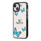 Blue Butterflies with Initial and Name iPhone 13 Black Impact Case Side Angle on Silver phone