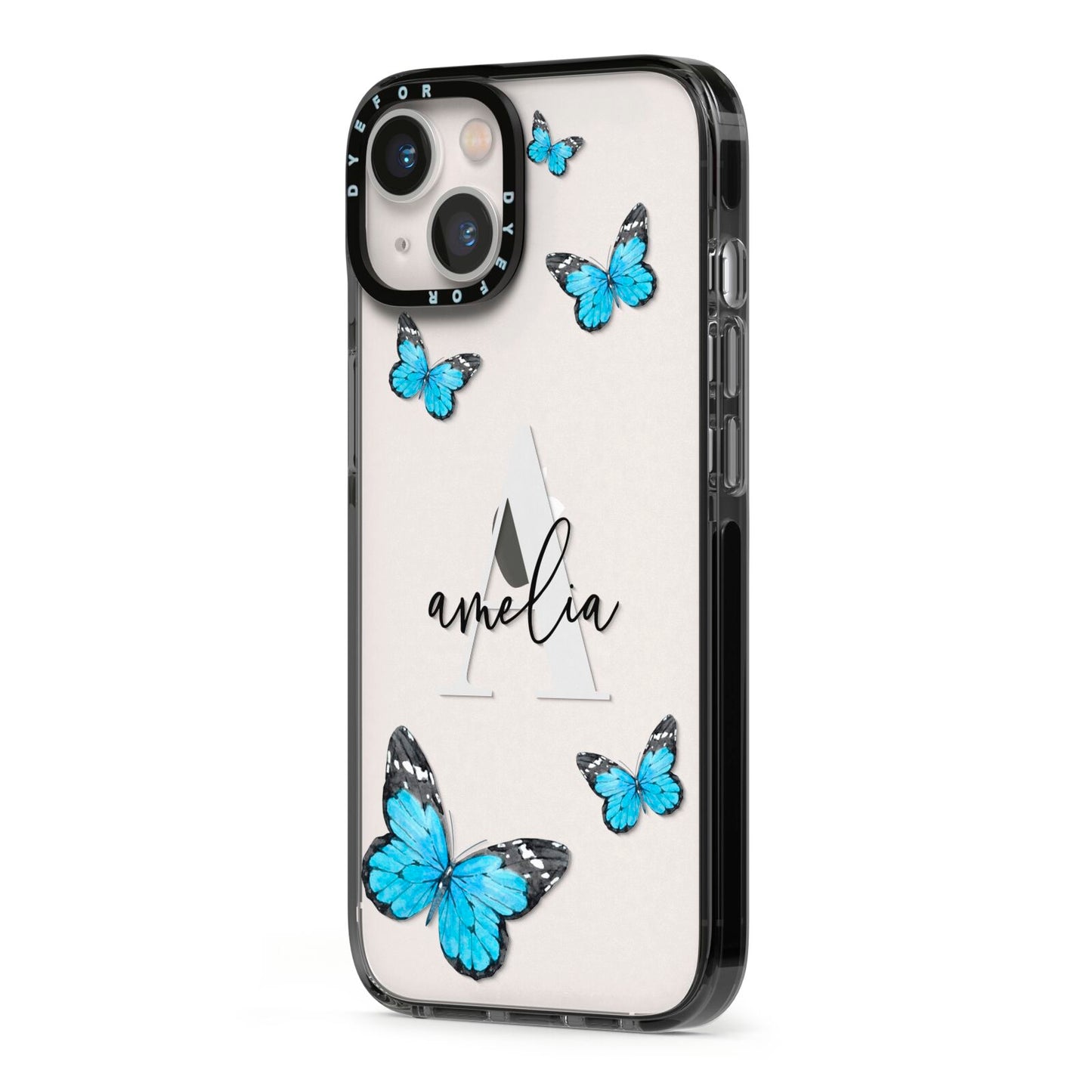 Blue Butterflies with Initial and Name iPhone 13 Black Impact Case Side Angle on Silver phone