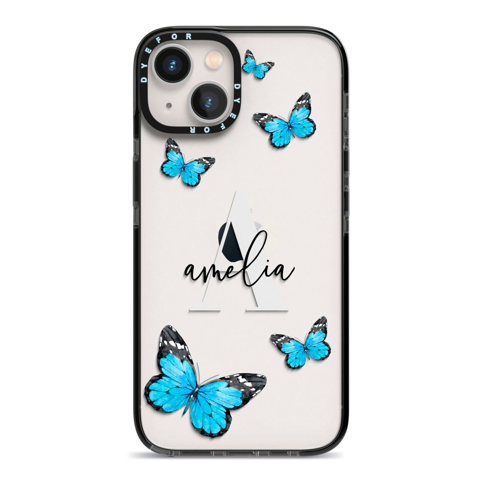 Blue Butterflies with Initial and Name iPhone 13 Black Impact Case on Silver phone