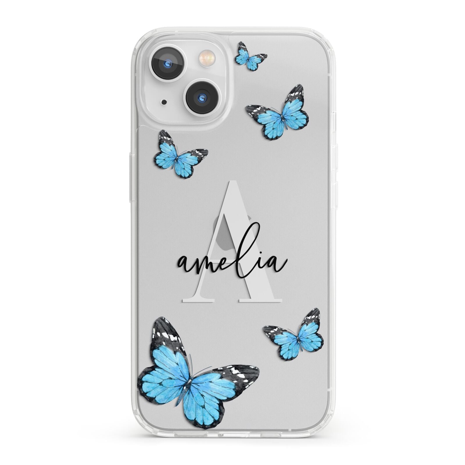 Blue Butterflies with Initial and Name iPhone 13 Clear Bumper Case