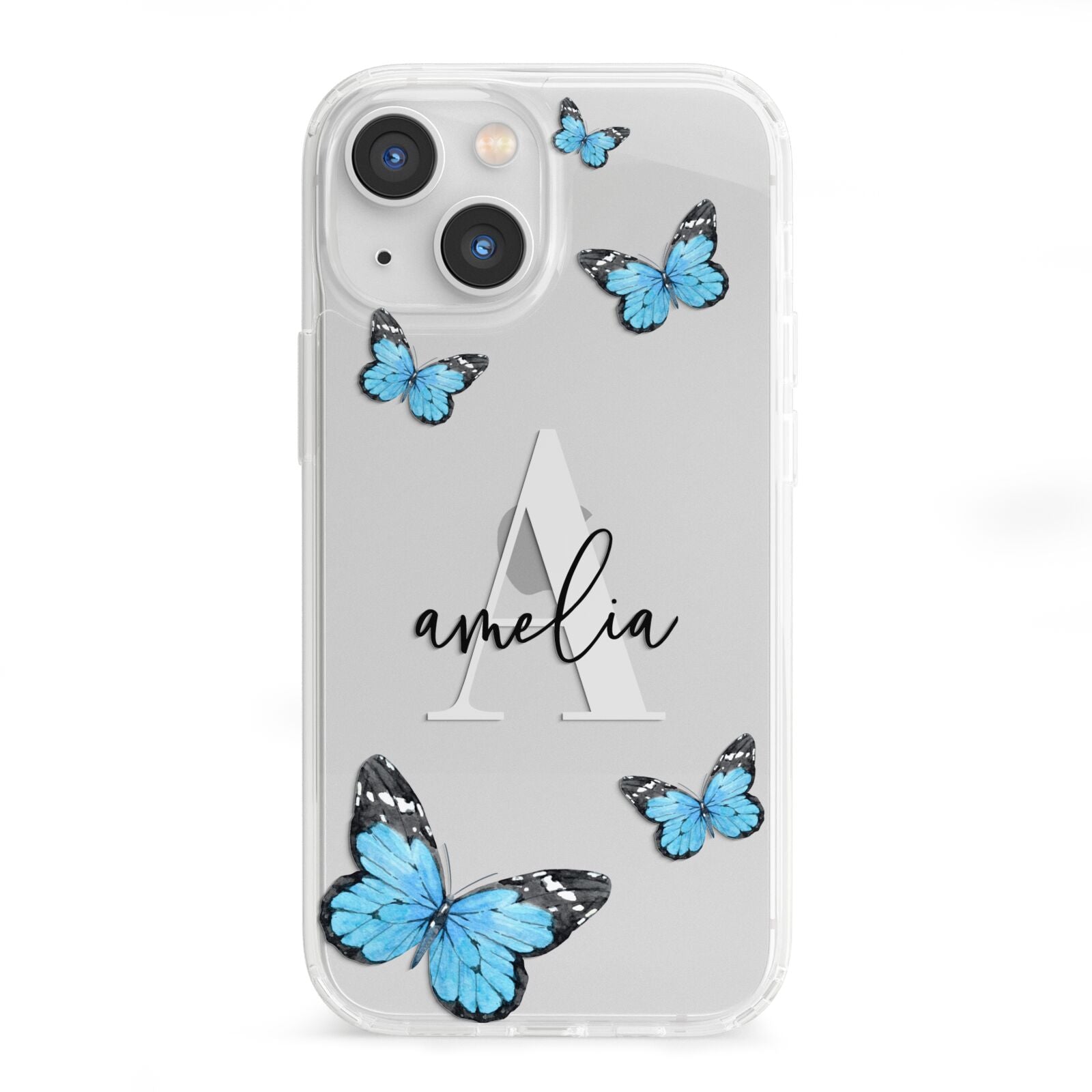 Blue Butterflies with Initial and Name iPhone 13 Mini Clear Bumper Case