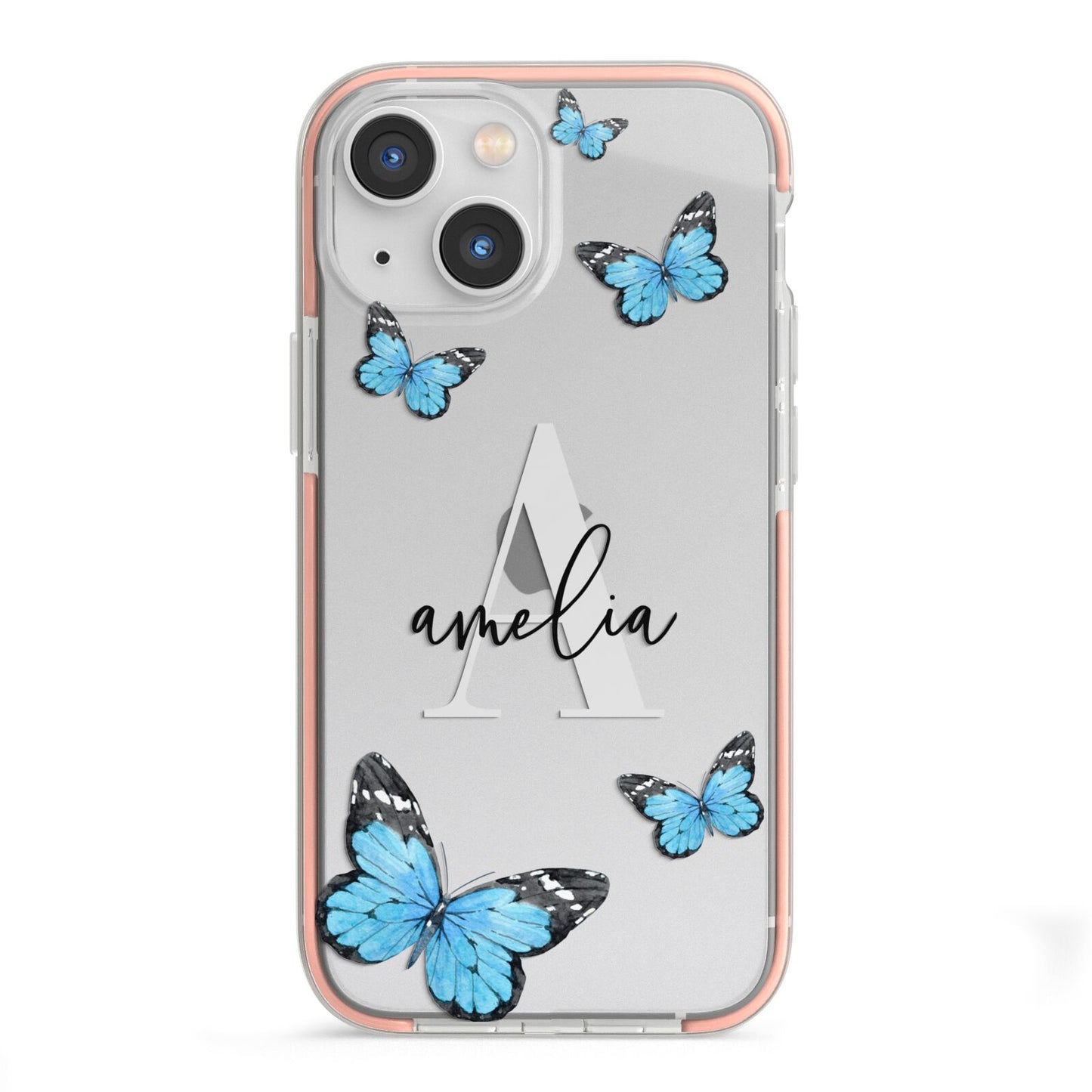 Blue Butterflies with Initial and Name iPhone 13 Mini TPU Impact Case with Pink Edges