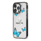 Blue Butterflies with Initial and Name iPhone 13 Pro Black Impact Case Side Angle on Silver phone