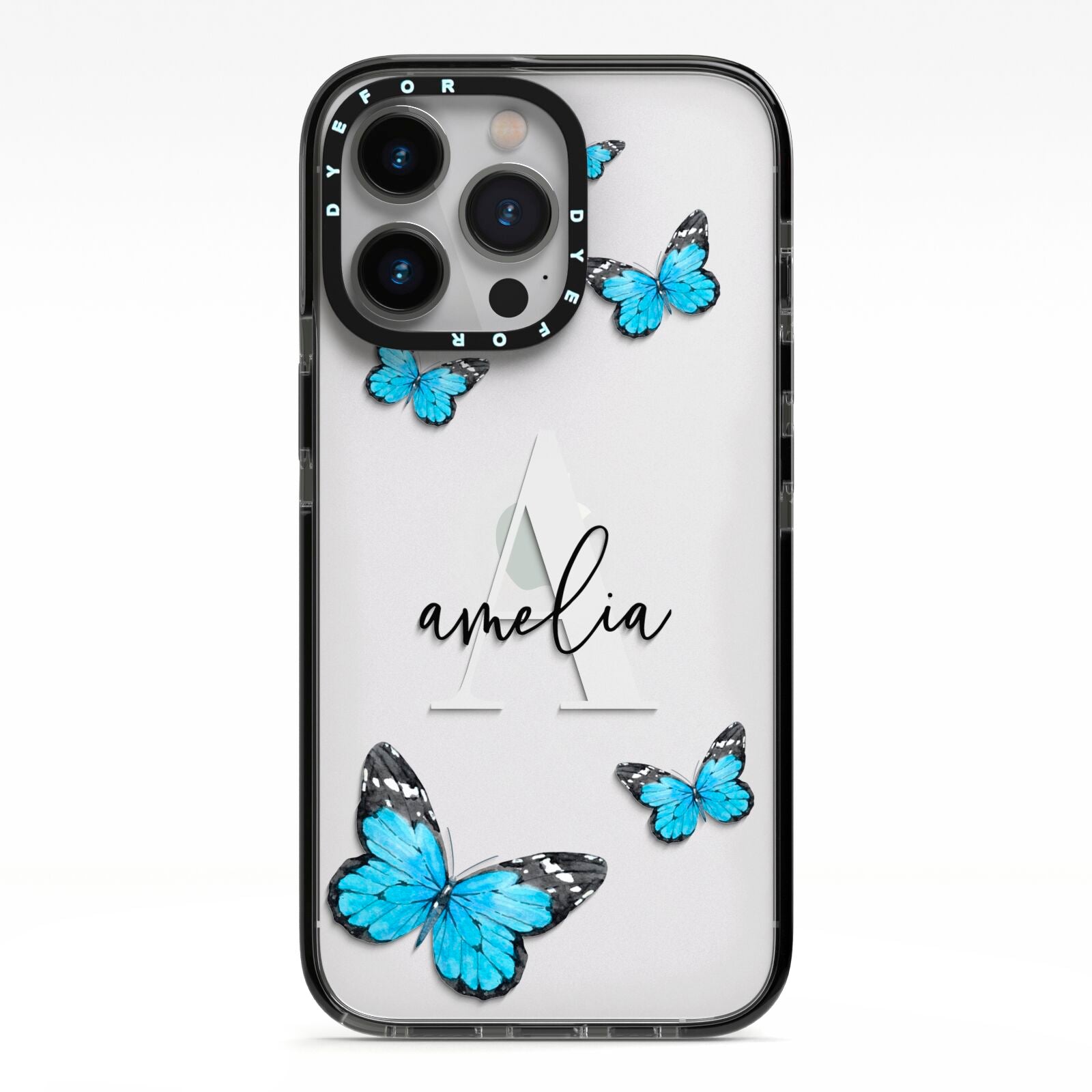 Blue Butterflies with Initial and Name iPhone 13 Pro Black Impact Case on Silver phone