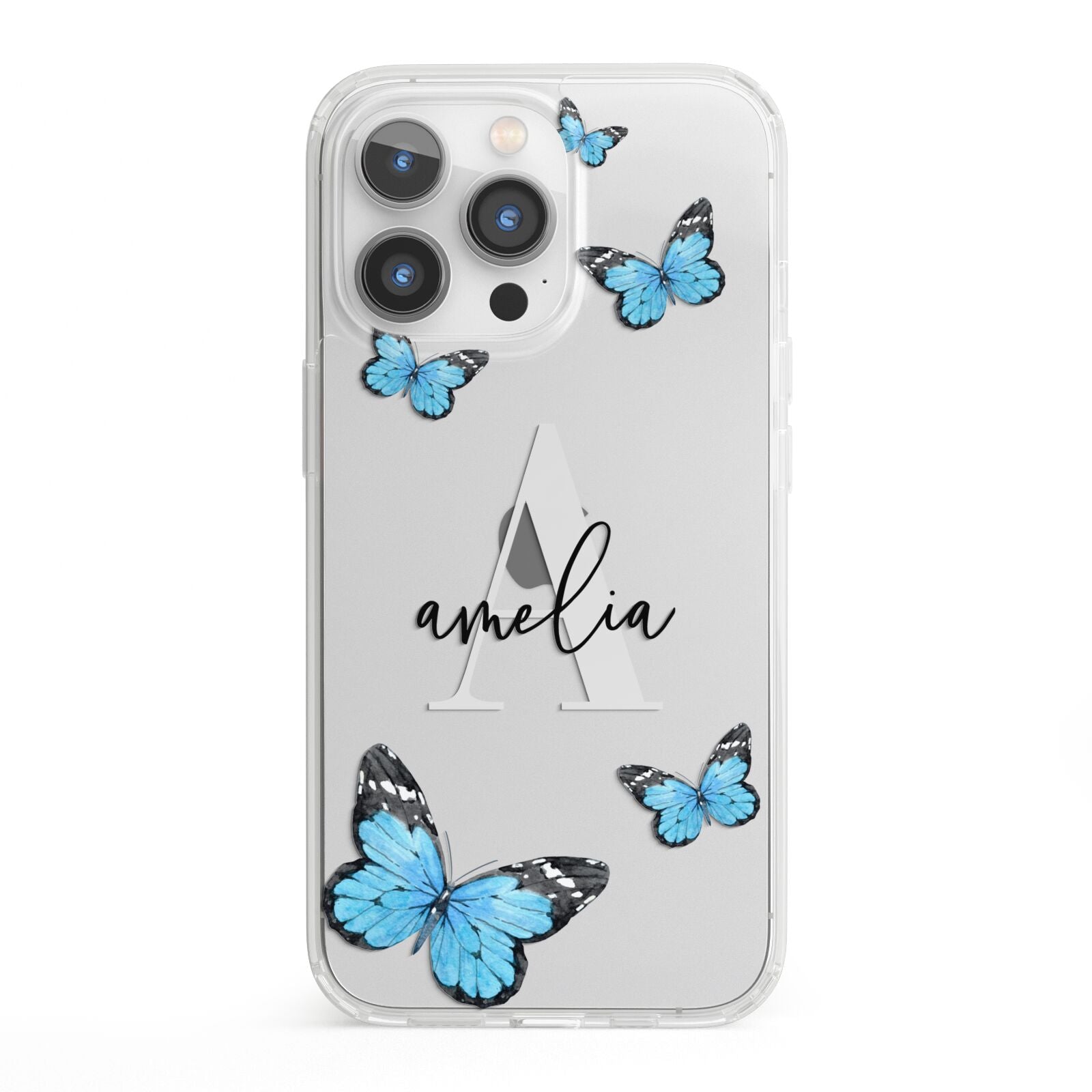 Blue Butterflies with Initial and Name iPhone 13 Pro Clear Bumper Case