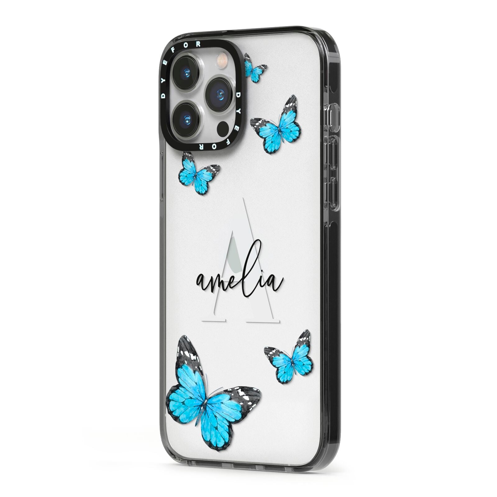 Blue Butterflies with Initial and Name iPhone 13 Pro Max Black Impact Case Side Angle on Silver phone