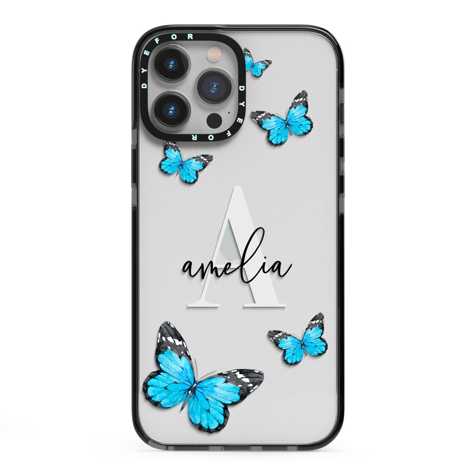 Blue Butterflies with Initial and Name iPhone 13 Pro Max Black Impact Case on Silver phone