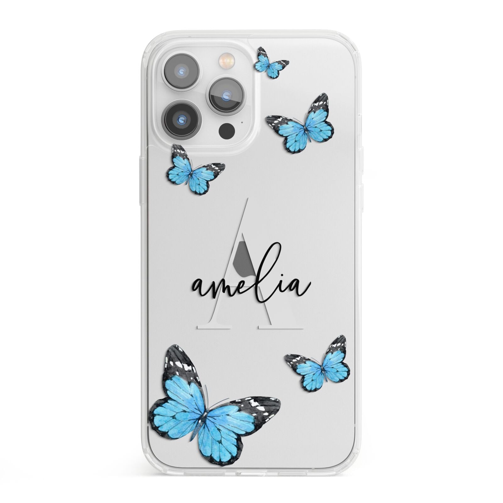 Blue Butterflies with Initial and Name iPhone 13 Pro Max Clear Bumper Case