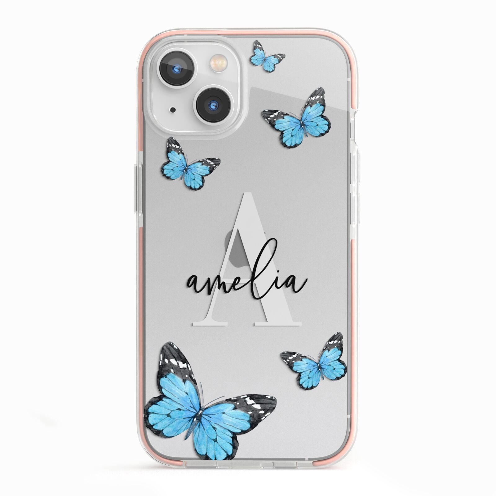 Blue Butterflies with Initial and Name iPhone 13 TPU Impact Case with Pink Edges
