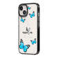 Blue Butterflies with Initial and Name iPhone 14 Black Impact Case Side Angle on Silver phone