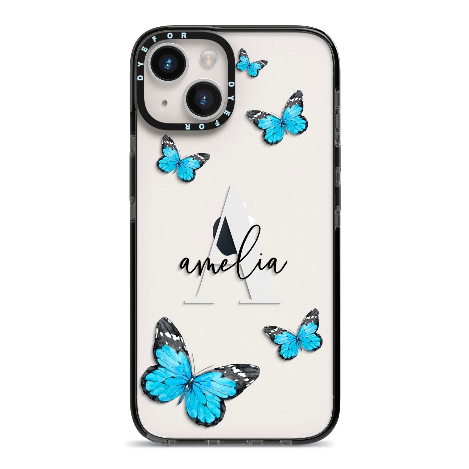 Blue Butterflies with Initial and Name iPhone 14 Black Impact Case on Silver phone