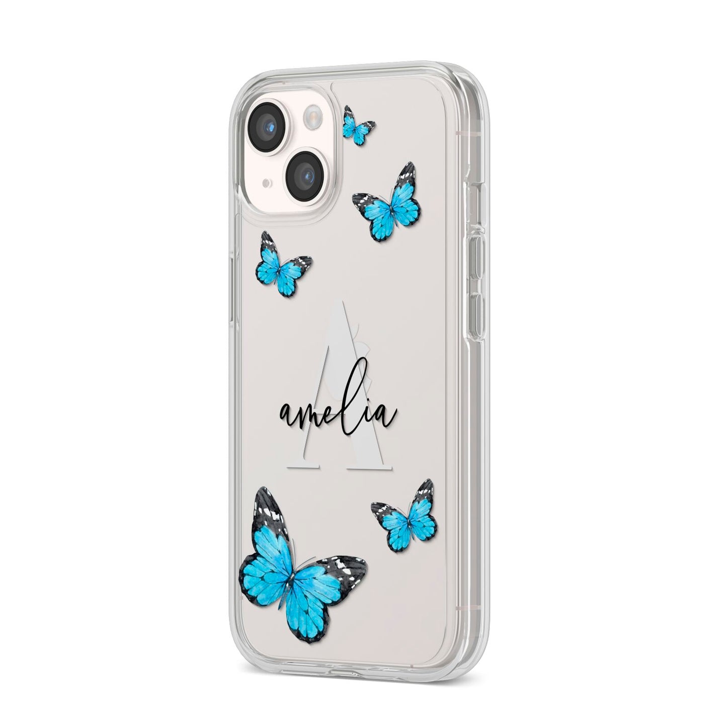 Blue Butterflies with Initial and Name iPhone 14 Clear Tough Case Starlight Angled Image