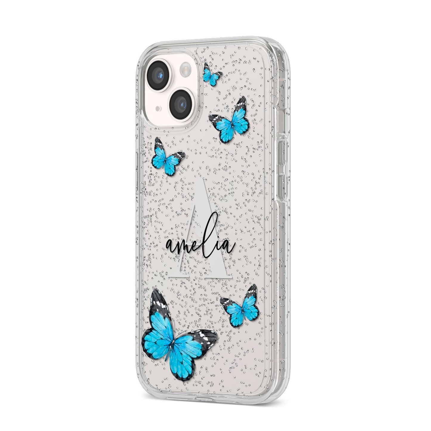 Blue Butterflies with Initial and Name iPhone 14 Glitter Tough Case Starlight Angled Image