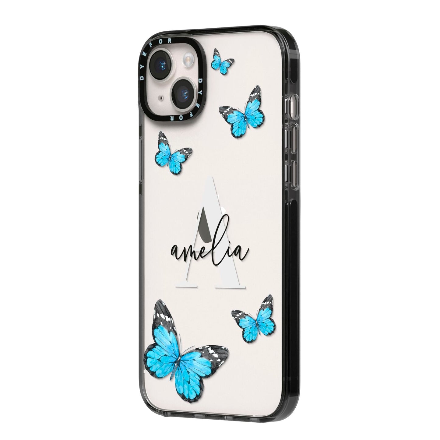 Blue Butterflies with Initial and Name iPhone 14 Plus Black Impact Case Side Angle on Silver phone