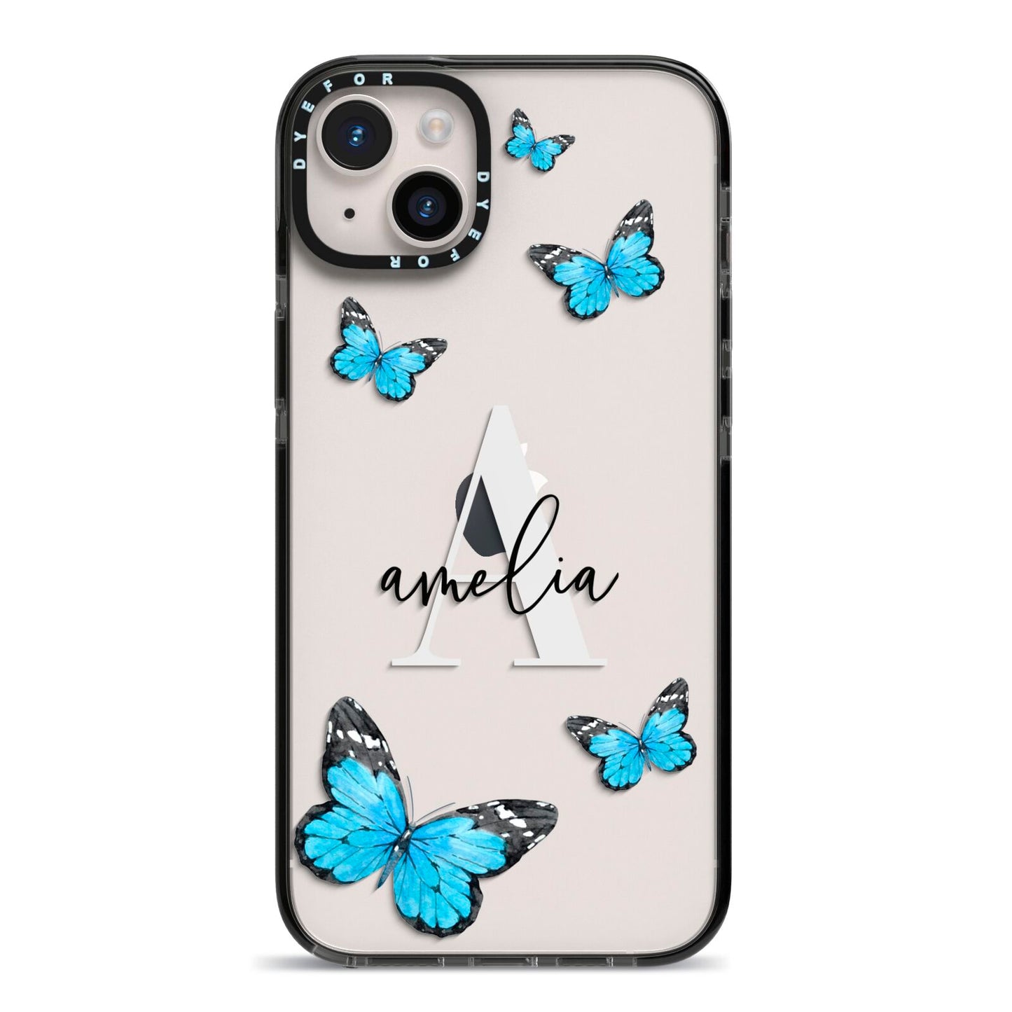Blue Butterflies with Initial and Name iPhone 14 Plus Black Impact Case on Silver phone