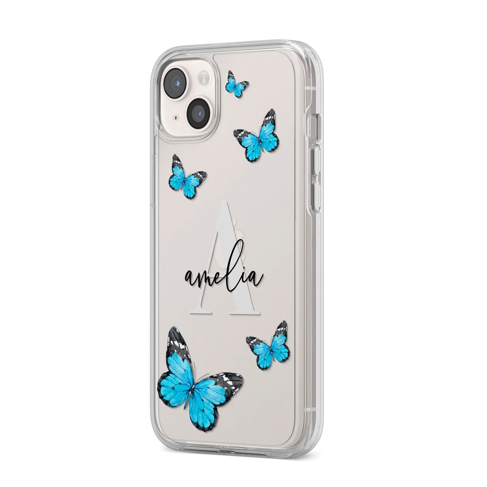 Blue Butterflies with Initial and Name iPhone 14 Plus Clear Tough Case Starlight Angled Image