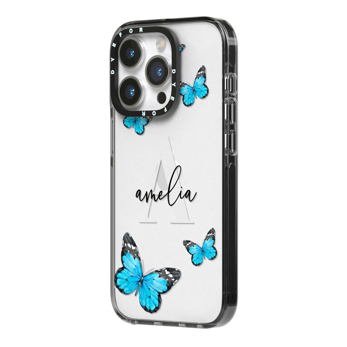 Blue Butterflies with Initial and Name iPhone 14 Pro Black Impact Case Side Angle on Silver phone