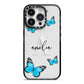 Blue Butterflies with Initial and Name iPhone 14 Pro Black Impact Case on Silver phone
