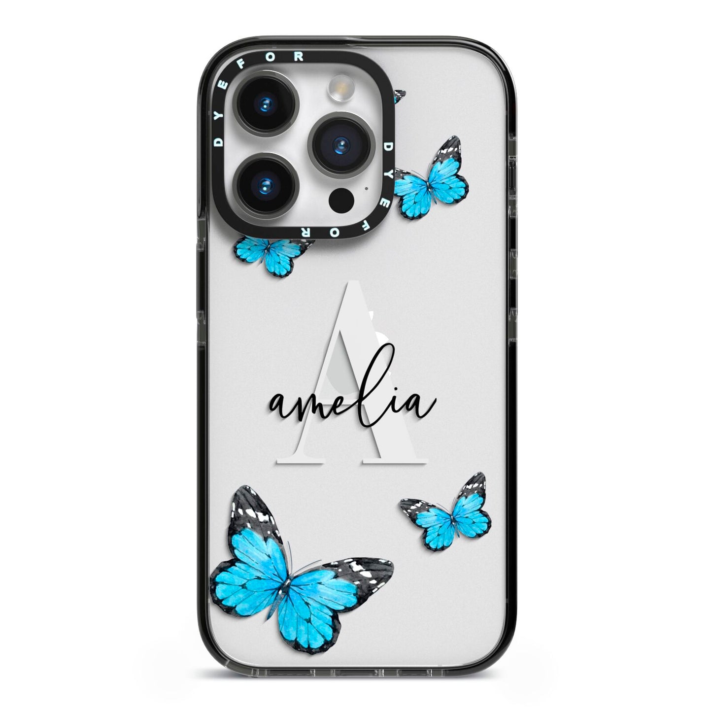 Blue Butterflies with Initial and Name iPhone 14 Pro Black Impact Case on Silver phone