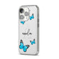 Blue Butterflies with Initial and Name iPhone 14 Pro Clear Tough Case Silver Angled Image