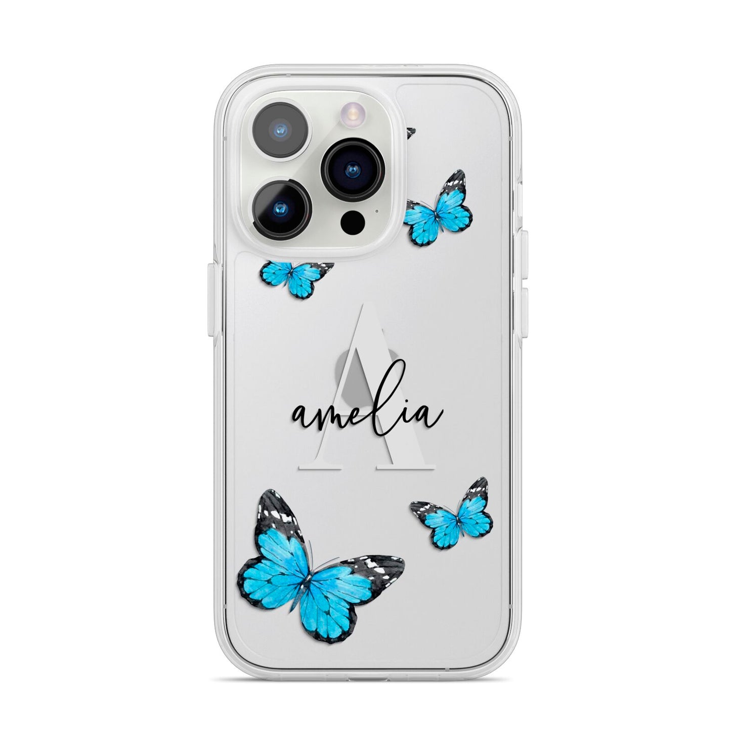 Blue Butterflies with Initial and Name iPhone 14 Pro Clear Tough Case Silver