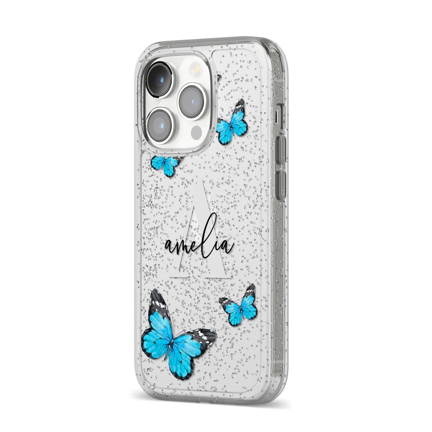 Blue Butterflies with Initial and Name iPhone 14 Pro Glitter Tough Case Silver Angled Image