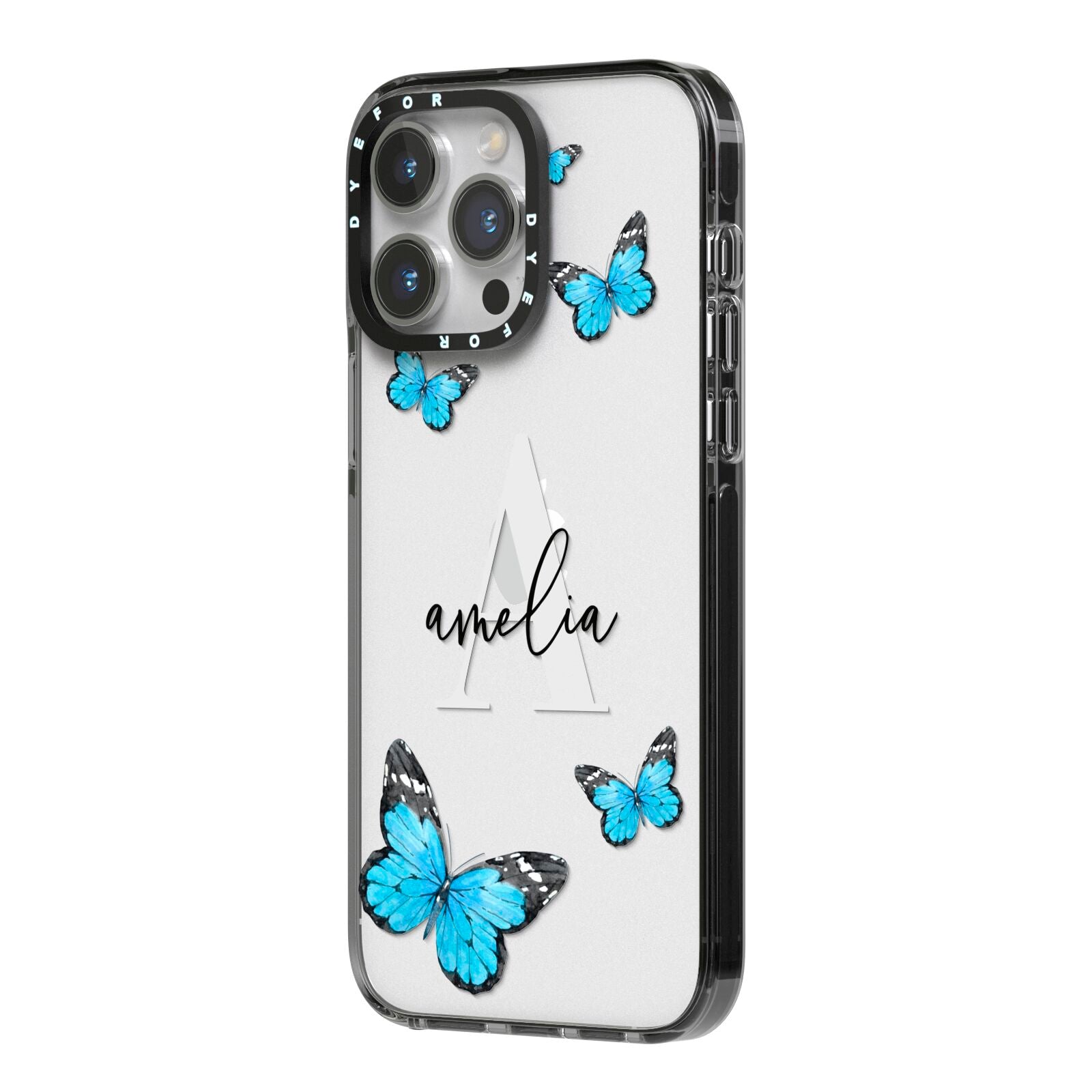 Blue Butterflies with Initial and Name iPhone 14 Pro Max Black Impact Case Side Angle on Silver phone