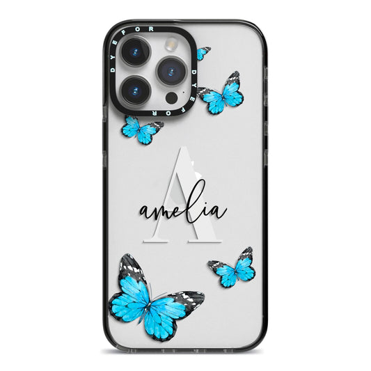 Blue Butterflies with Initial and Name iPhone 14 Pro Max Black Impact Case on Silver phone