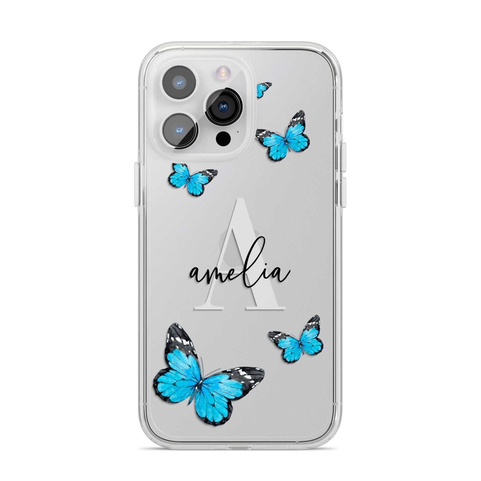 Blue Butterflies with Initial and Name iPhone 14 Pro Max Clear Tough Case Silver