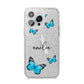 Blue Butterflies with Initial and Name iPhone 14 Pro Max Glitter Tough Case Silver