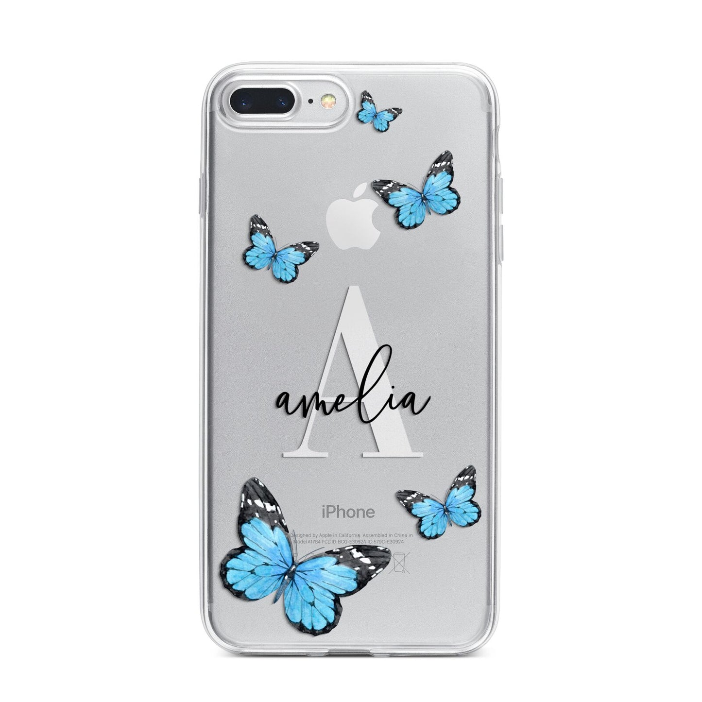 Blue Butterflies with Initial and Name iPhone 7 Plus Bumper Case on Silver iPhone