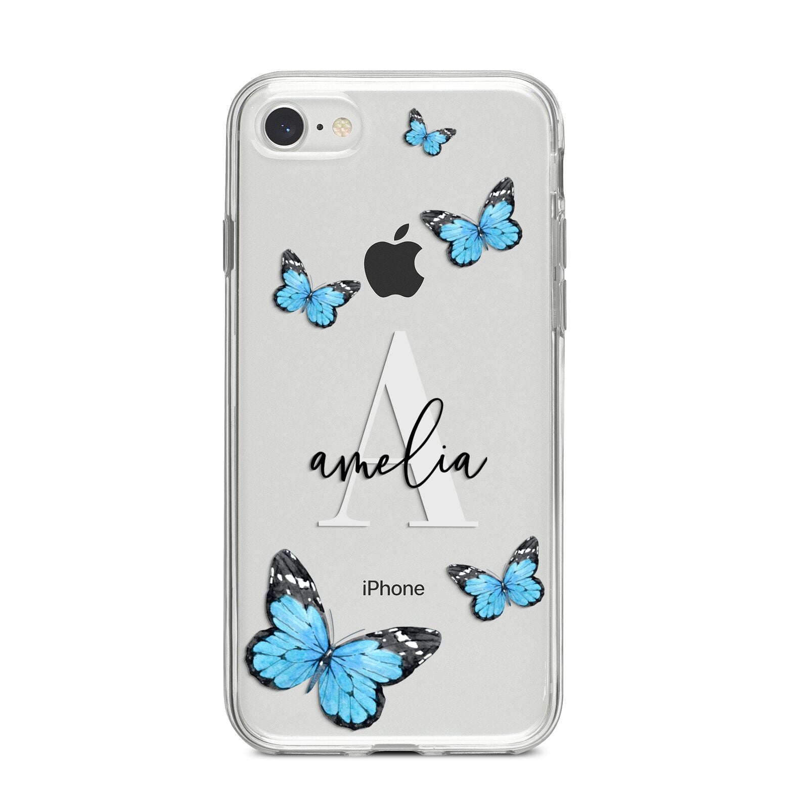Blue Butterflies with Initial and Name iPhone 8 Bumper Case on Silver iPhone