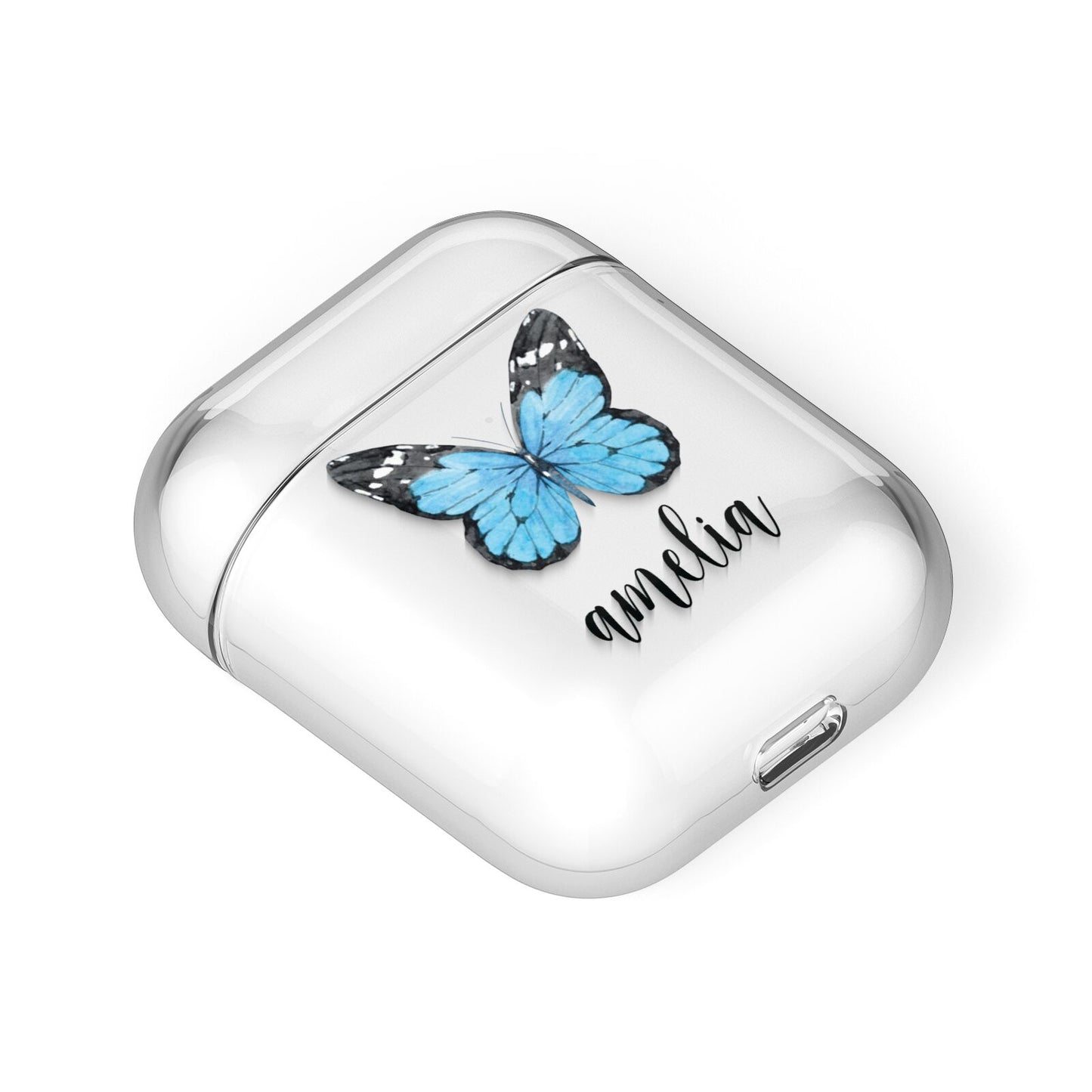 Blue Butterflies with Name AirPods Case Laid Flat