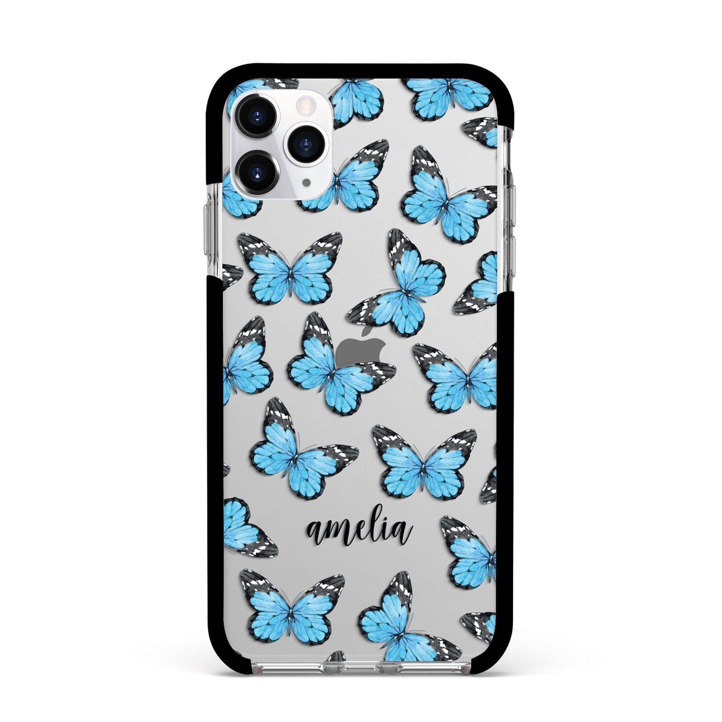 Blue Butterflies with Name Apple iPhone 11 Pro Max in Silver with Black Impact Case