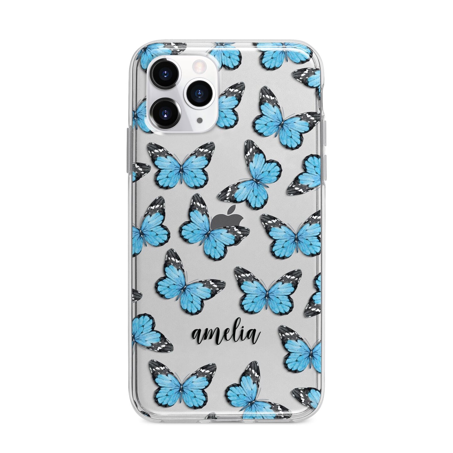 Blue Butterflies with Name Apple iPhone 11 Pro Max in Silver with Bumper Case