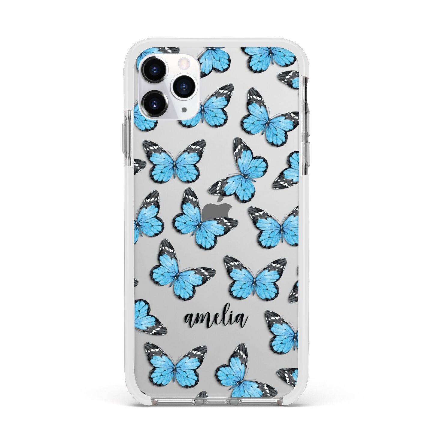 Blue Butterflies with Name Apple iPhone 11 Pro Max in Silver with White Impact Case