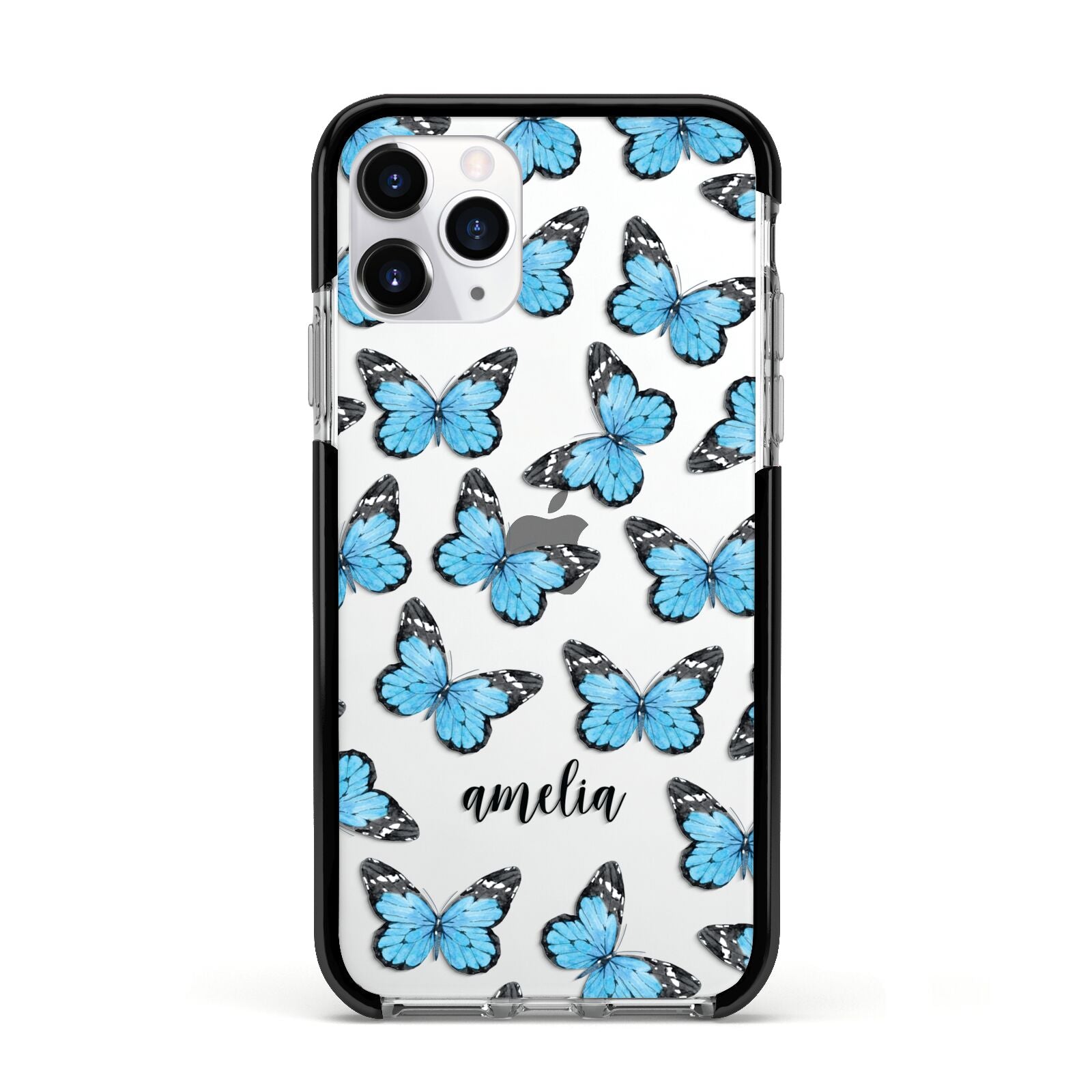 Blue Butterflies with Name Apple iPhone 11 Pro in Silver with Black Impact Case