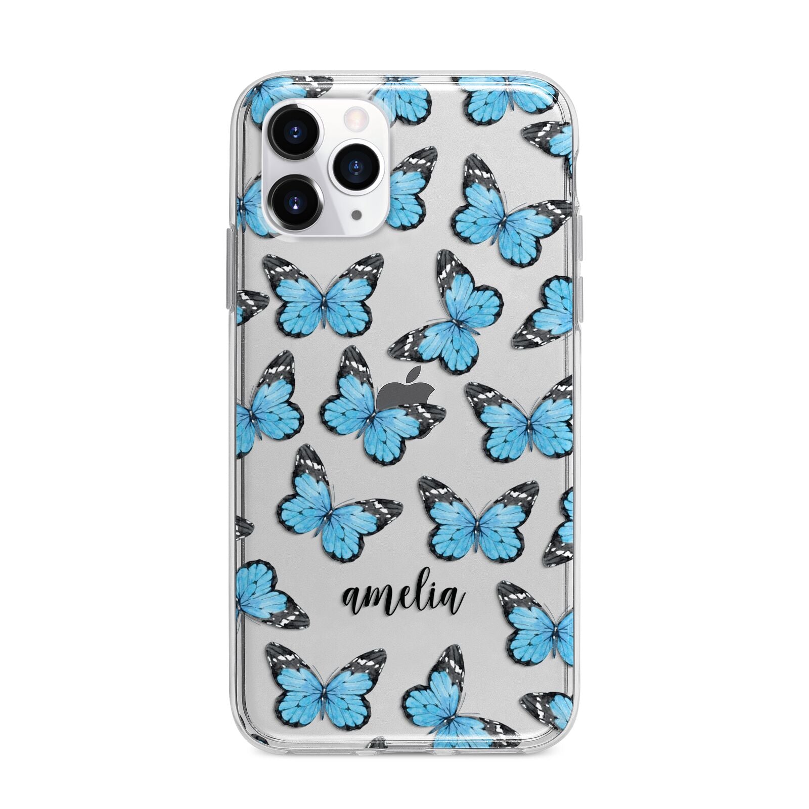 Blue Butterflies with Name Apple iPhone 11 Pro in Silver with Bumper Case