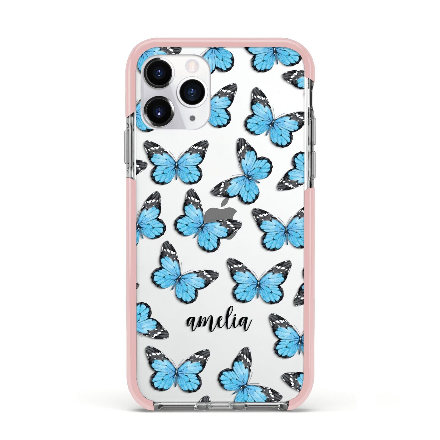 Blue Butterflies with Name Apple iPhone 11 Pro in Silver with Pink Impact Case