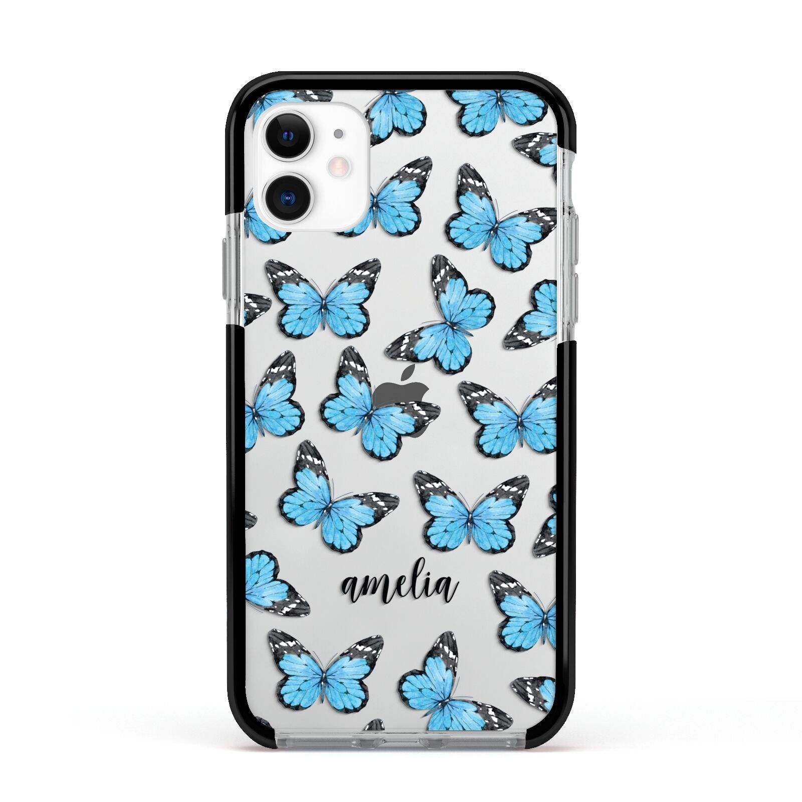Blue Butterflies with Name Apple iPhone 11 in White with Black Impact Case